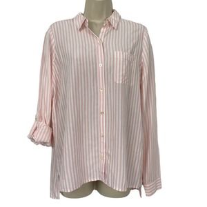 J Jill Button Up Tunic Top Womens XS Striped Pink White Pocket Roll Tab Sleeve